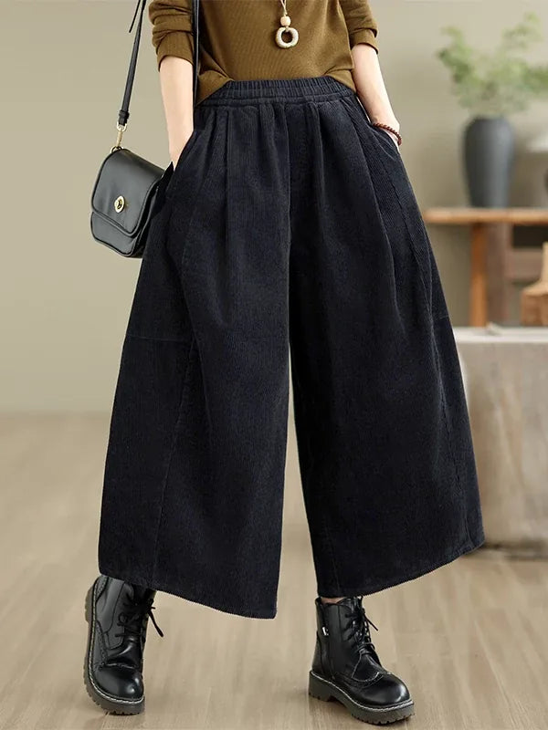 Retro Corduroy Texture Elastic Waist Wide Leg Pants