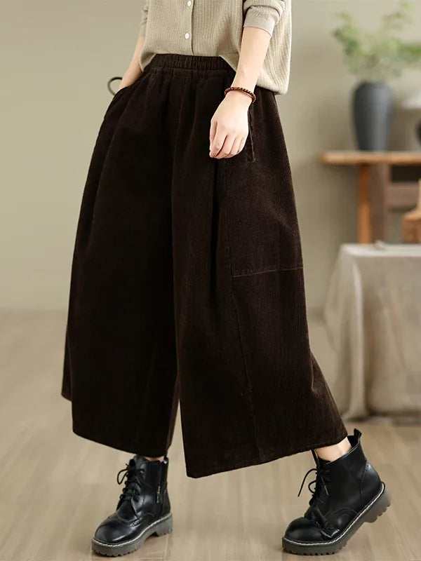 Retro Corduroy Texture Elastic Waist Wide Leg Pants