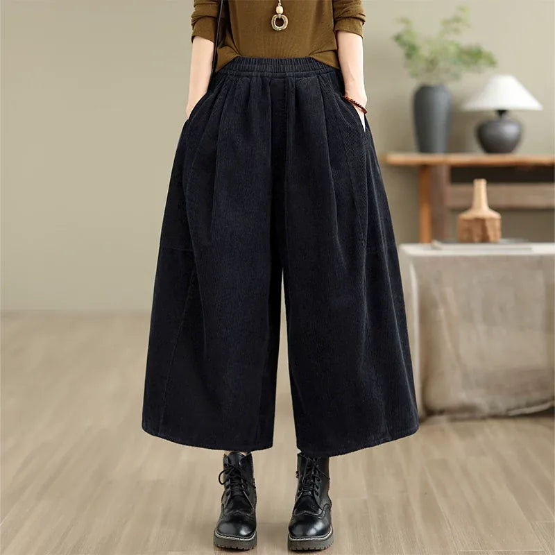 Retro Corduroy Texture Elastic Waist Wide Leg Pants