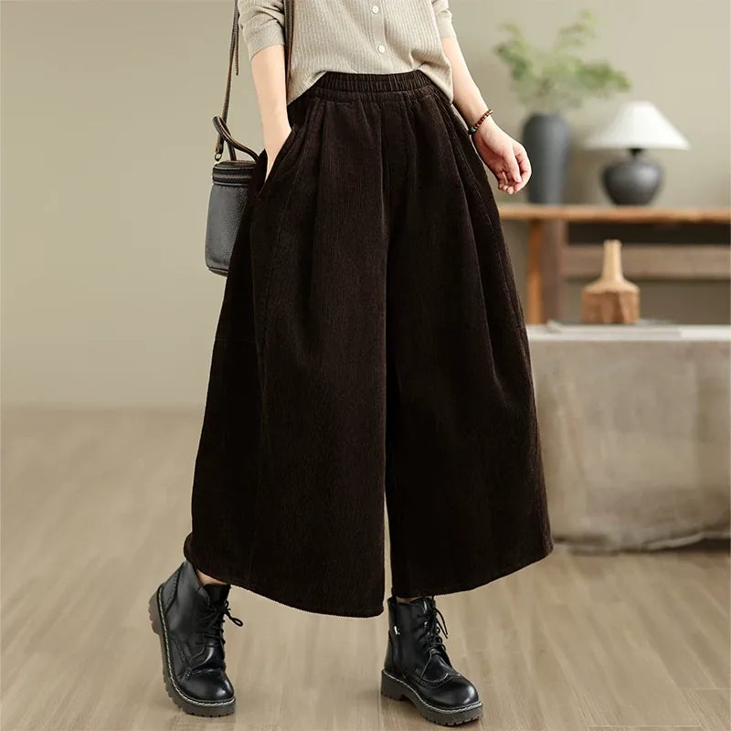 Retro Corduroy Texture Elastic Waist Wide Leg Pants