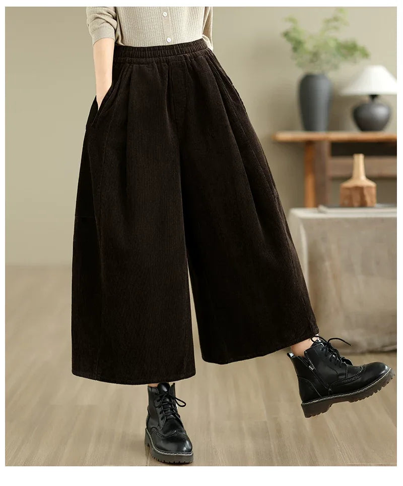 Retro Corduroy Texture Elastic Waist Wide Leg Pants