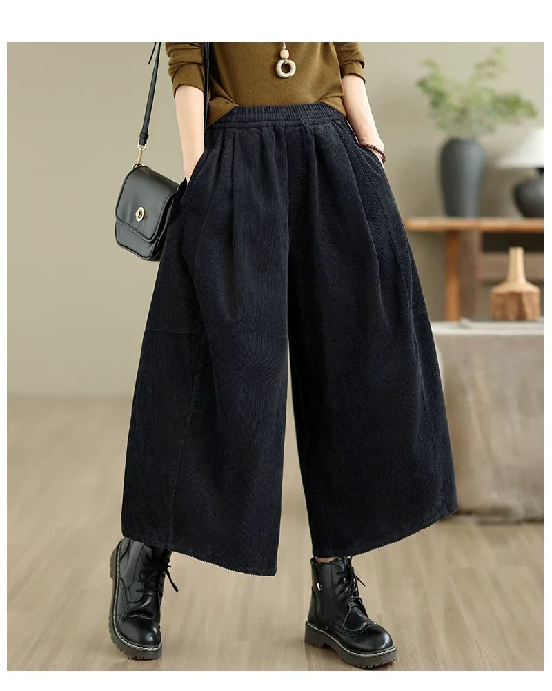 Retro Corduroy Texture Elastic Waist Wide Leg Pants