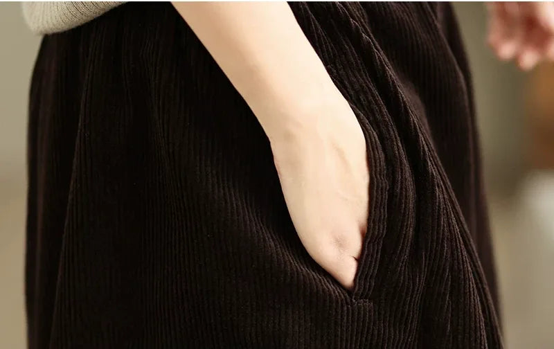 Retro Corduroy Texture Elastic Waist Wide Leg Pants