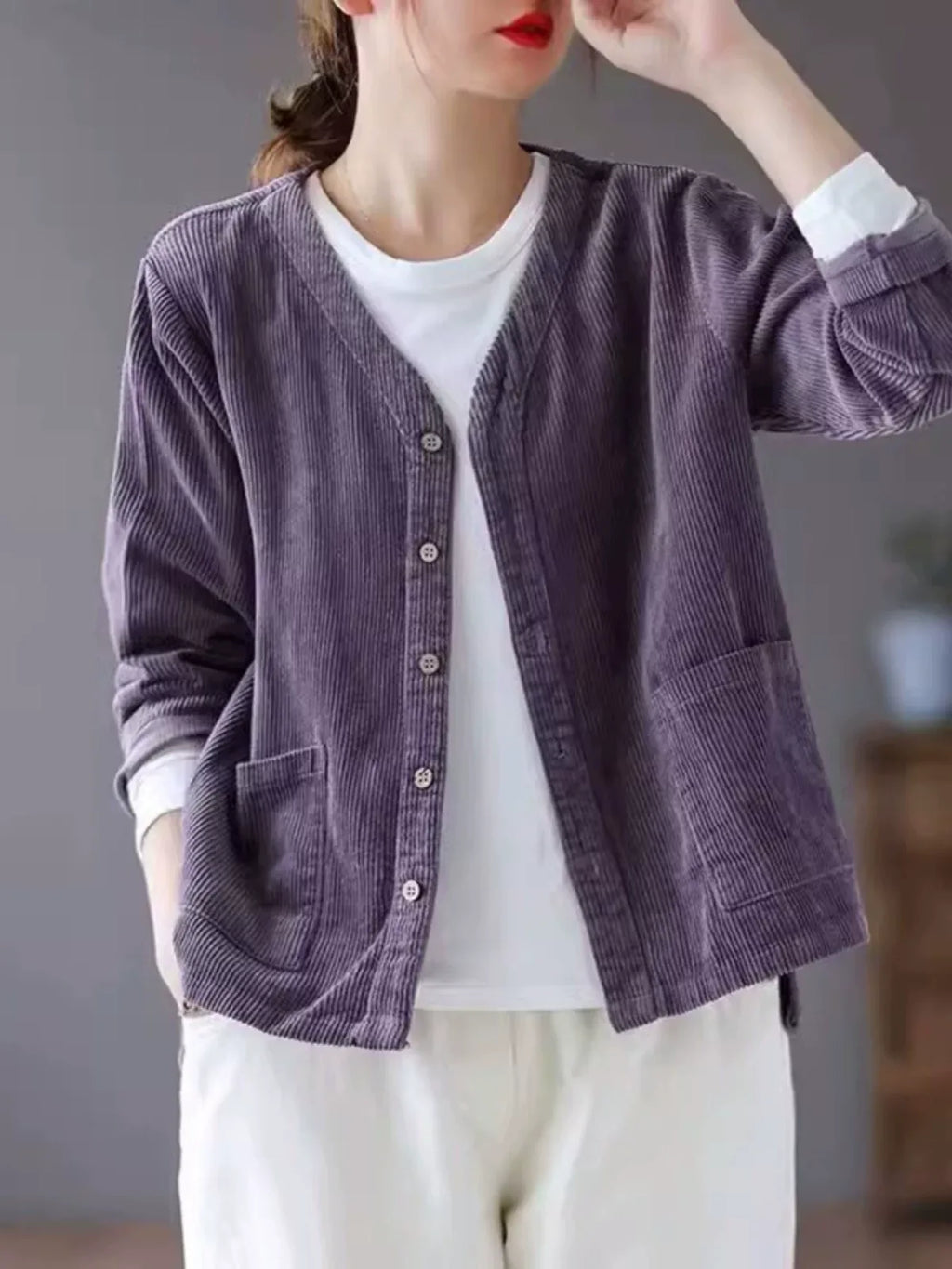 Retro Corduroy V-Neck Patch Pocket Cardigan