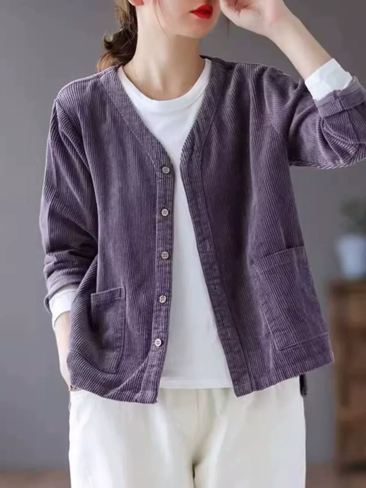 Retro Corduroy V-Neck Patch Pocket Cardigan