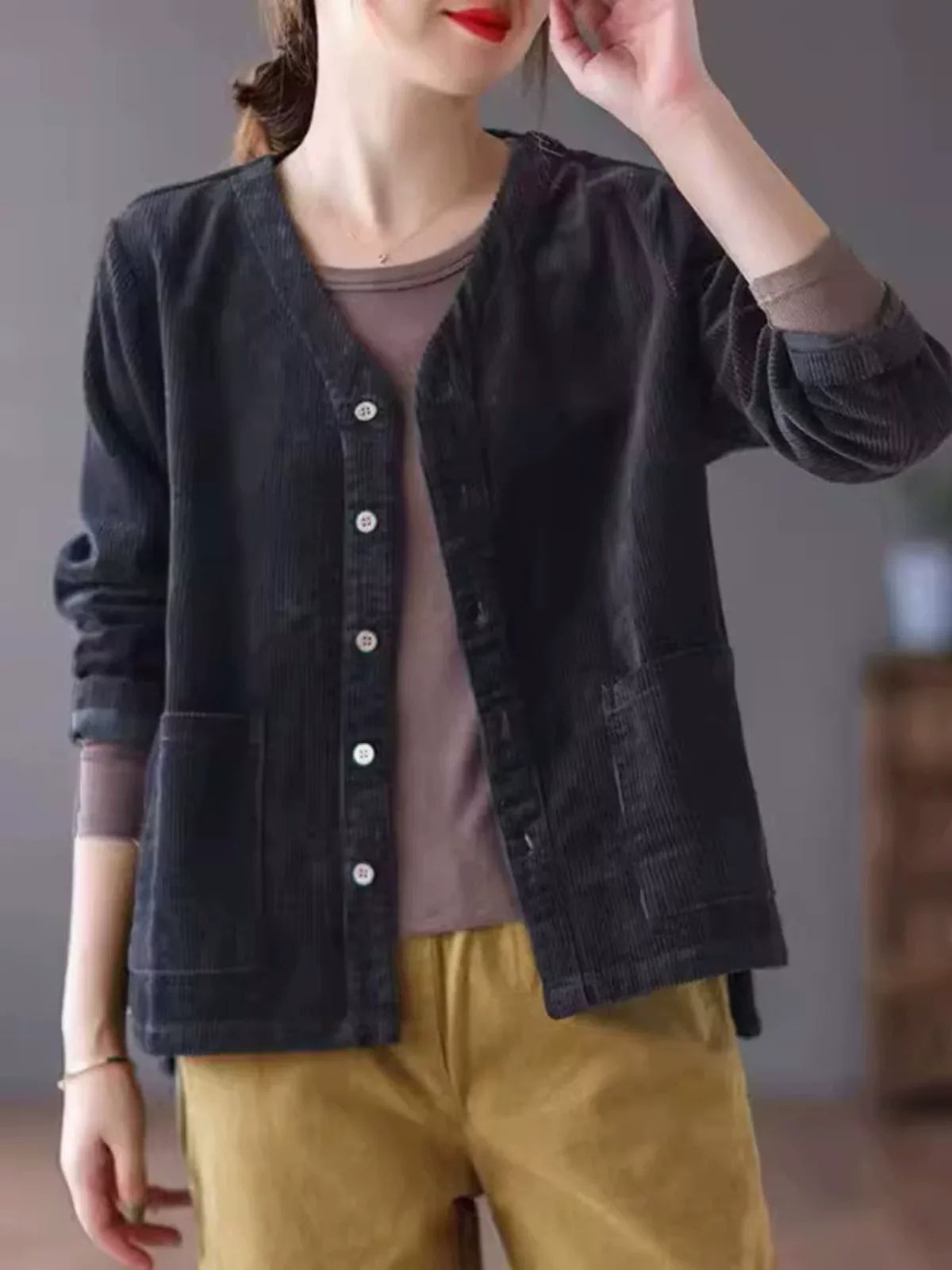 Retro Corduroy V-Neck Patch Pocket Cardigan