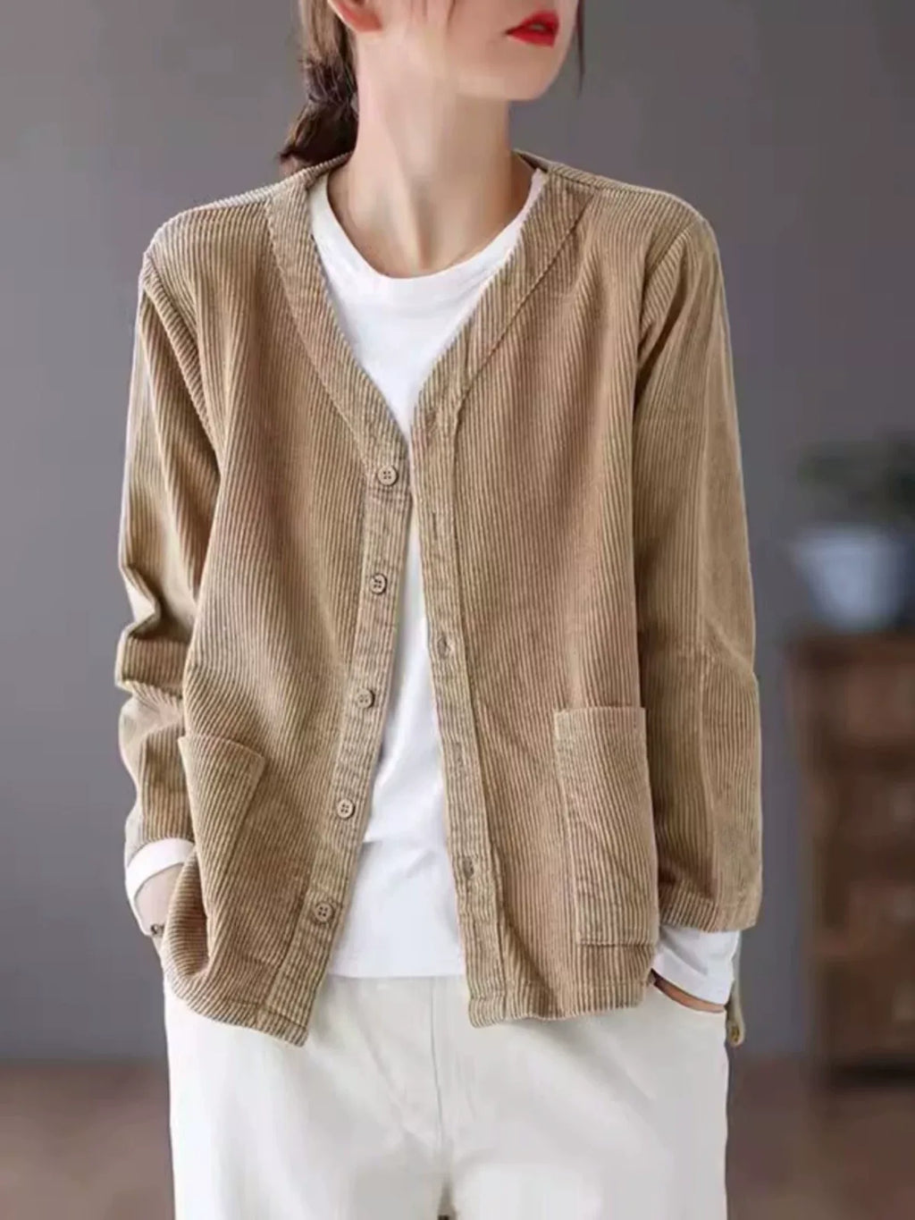 Retro Corduroy V-Neck Patch Pocket Cardigan