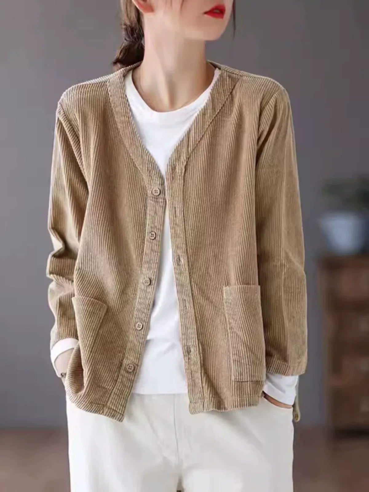 Retro Corduroy V-Neck Patch Pocket Cardigan