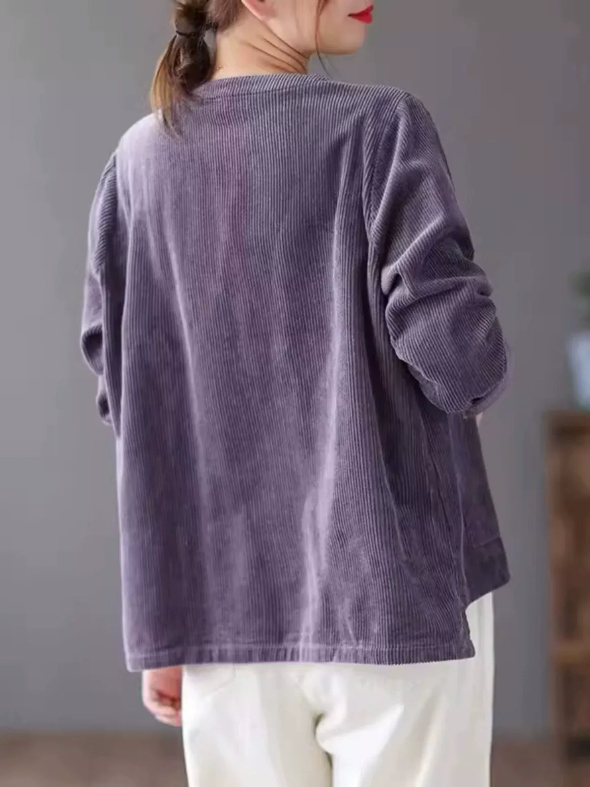 Retro Corduroy V-Neck Patch Pocket Cardigan