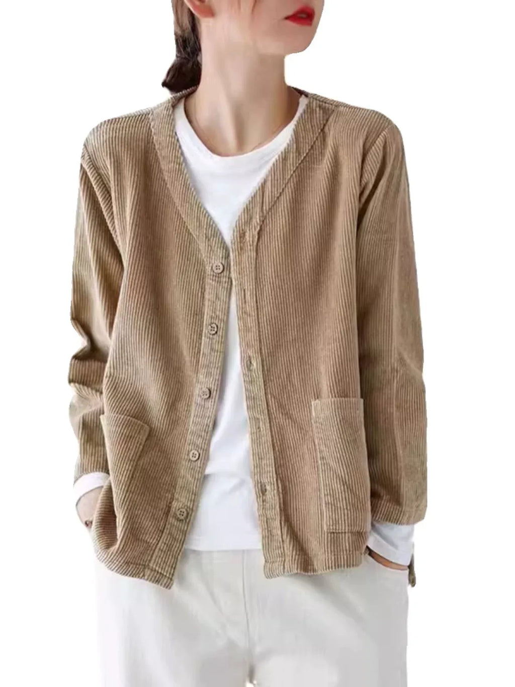 Retro Corduroy V-Neck Patch Pocket Cardigan