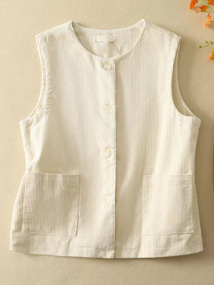Retro Cotton Corduroy Vest with Patch Pockets