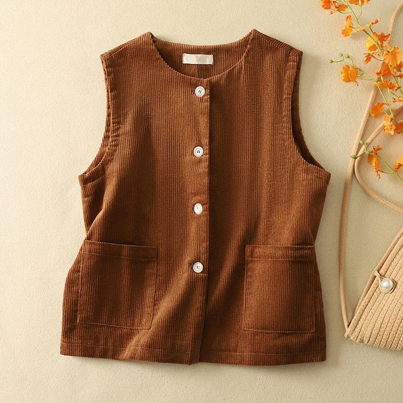 Retro Cotton Corduroy Vest with Patch Pockets