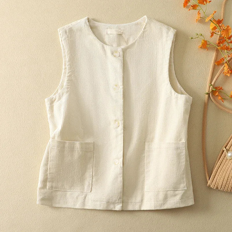 Retro Cotton Corduroy Vest with Patch Pockets