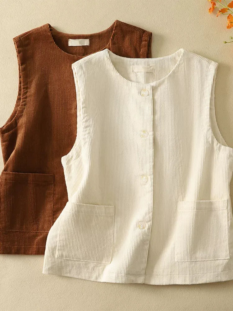 Retro Cotton Corduroy Vest with Patch Pockets