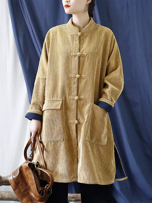 Women's  Khaki Retro Cotton Linen Corduroy Padded Coat with Chinese Knot Button