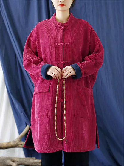 Damen-Pinker Retro-Mantel aus Baumwoll-Leinen-Cord mit Steppung und chinesischen Knotenknöpfen