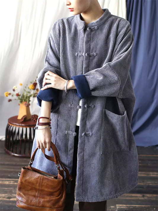 Women's  Grey Retro Cotton Linen Corduroy Padded Coat with Chinese Knot Button