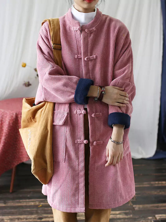 Women's Pink Retro Cotton Linen Corduroy Padded Coat with Chinese Knot Button