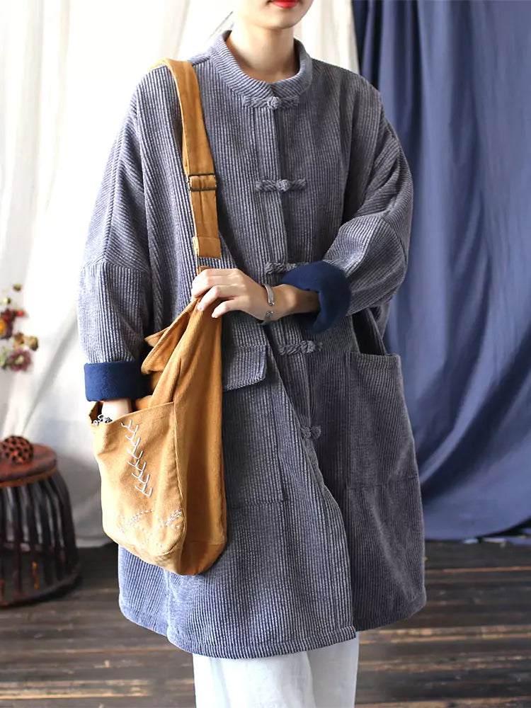 Women's  Grey Retro Cotton Linen Corduroy Padded Coat with Chinese Knot Button