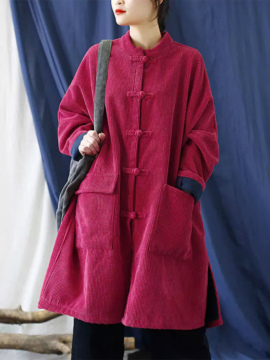 Women's  Red Retro Cotton Linen Corduroy Padded Coat with Chinese Knot Button