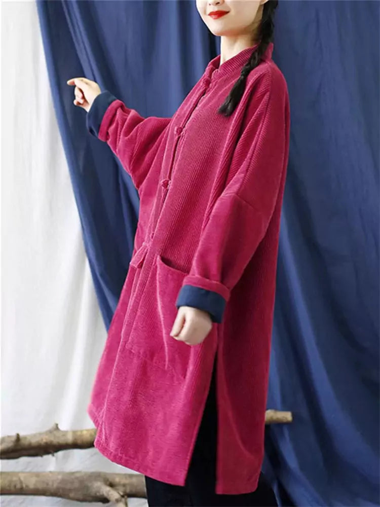 Women's  Red Retro Cotton Linen Corduroy Padded Coat with Chinese Knot Button