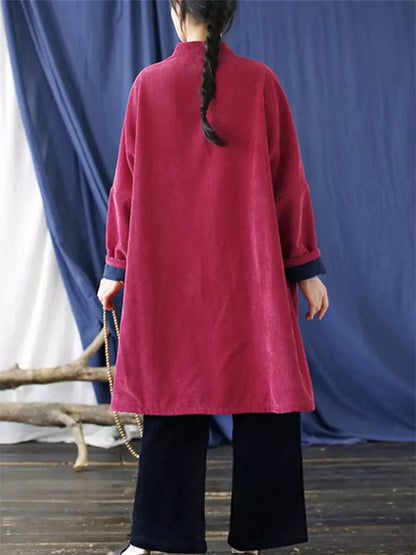 Damen-Pinker Retro-Mantel aus Baumwoll-Leinen-Cord mit Steppung und chinesischen Knotenknöpfen