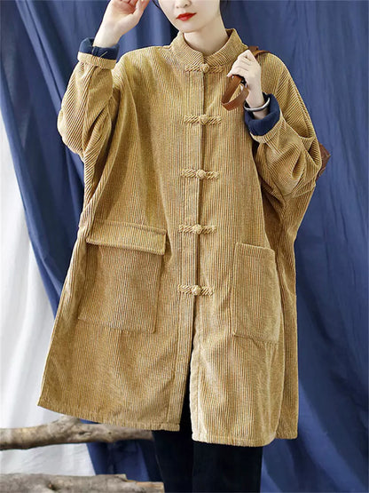 Damen-Pinker Retro-Mantel aus Baumwoll-Leinen-Cord mit Steppung und chinesischen Knotenknöpfen