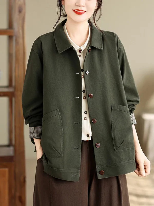 Retro Cotton Shirt Collar Jacket with Patch Pockets