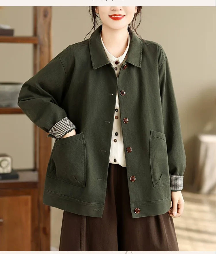 Retro Cotton Shirt Collar Jacket with Patch Pockets