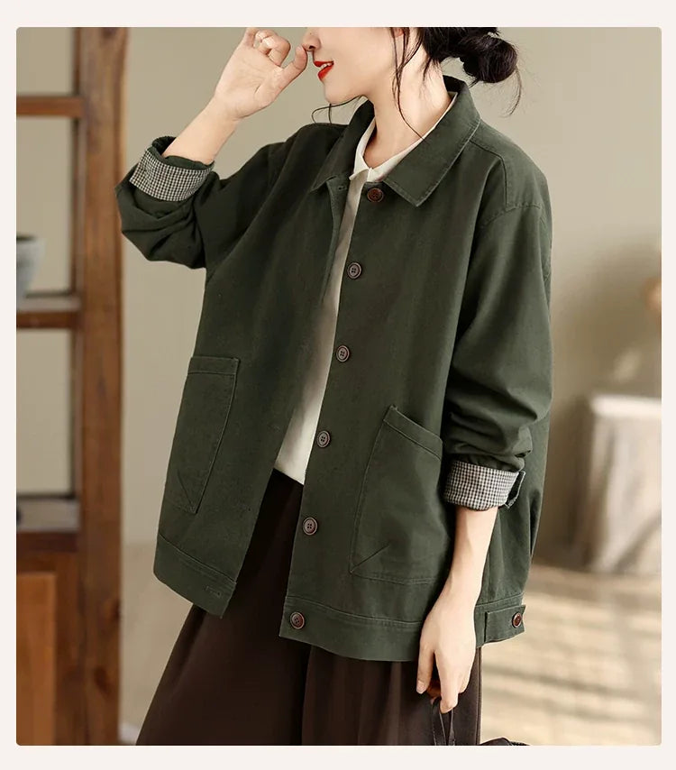 Retro Cotton Shirt Collar Jacket with Patch Pockets