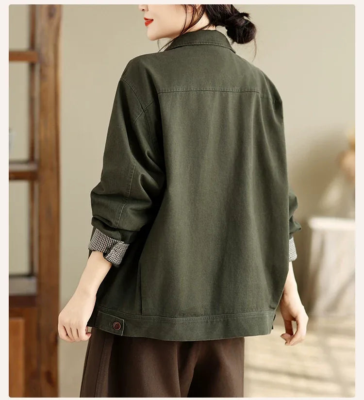Retro Cotton Shirt Collar Jacket with Patch Pockets