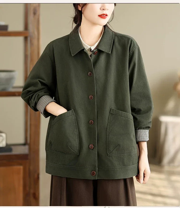 Retro Cotton Shirt Collar Jacket with Patch Pockets