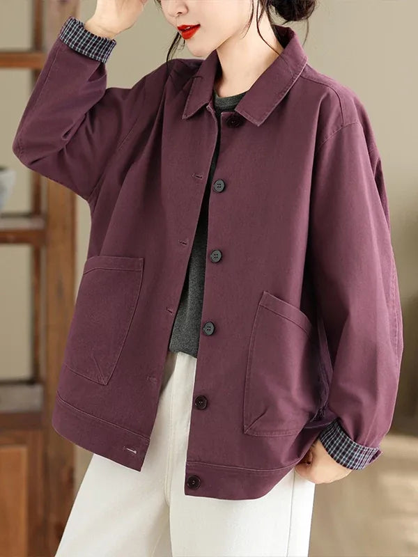 Retro Cotton Shirt Collar Jacket with Patch Pockets