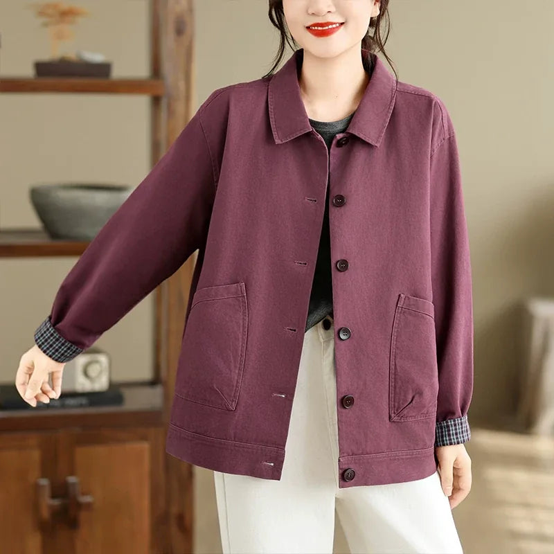 Retro Cotton Shirt Collar Jacket with Patch Pockets