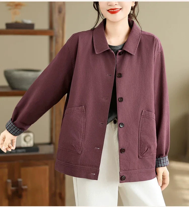 Retro Cotton Shirt Collar Jacket with Patch Pockets