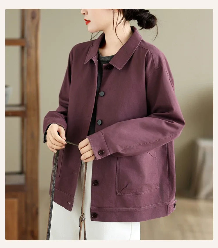 Retro Cotton Shirt Collar Jacket with Patch Pockets