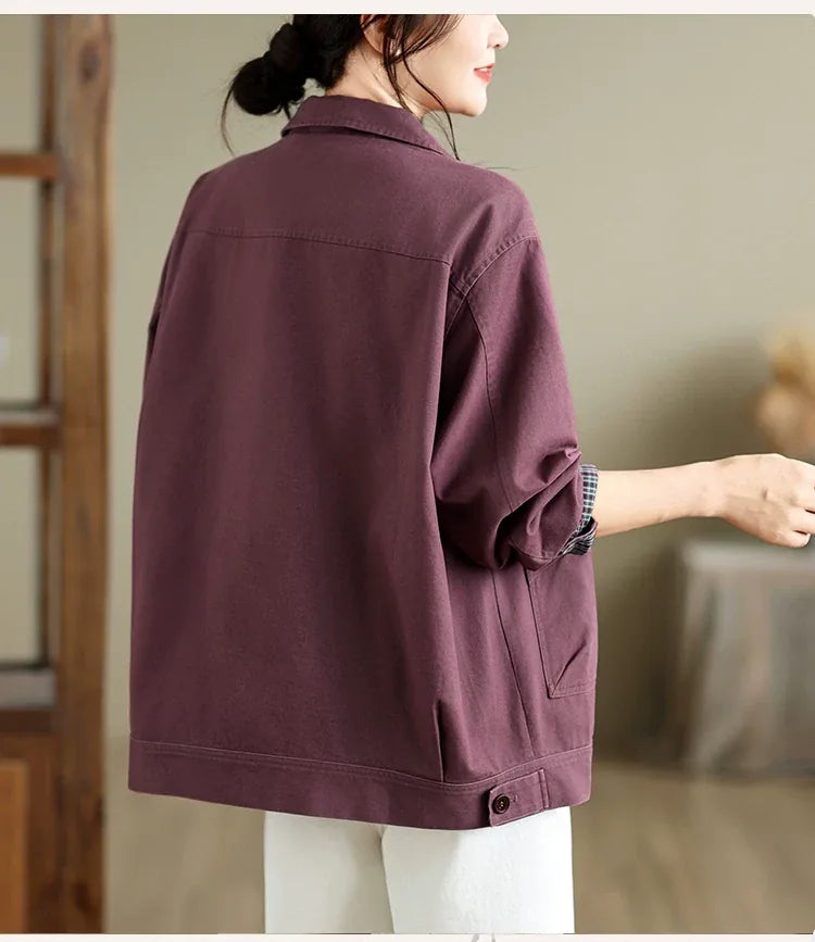 Retro Cotton Shirt Collar Jacket with Patch Pockets