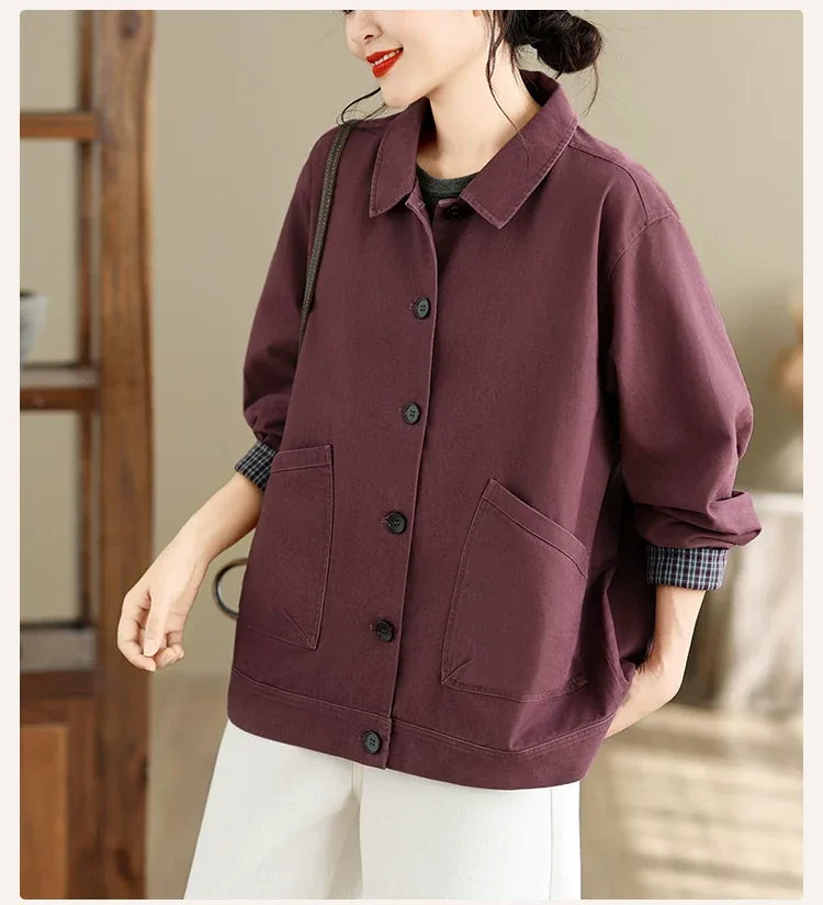 Retro Cotton Shirt Collar Jacket with Patch Pockets