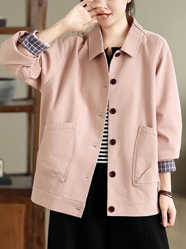Retro Cotton Shirt Collar Jacket with Patch Pockets