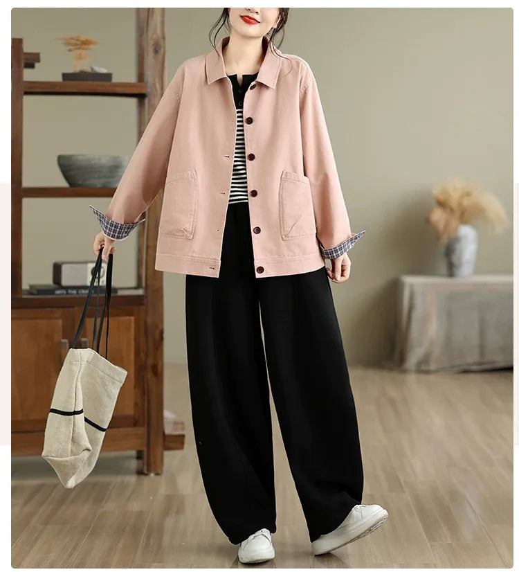Retro Cotton Shirt Collar Jacket with Patch Pockets