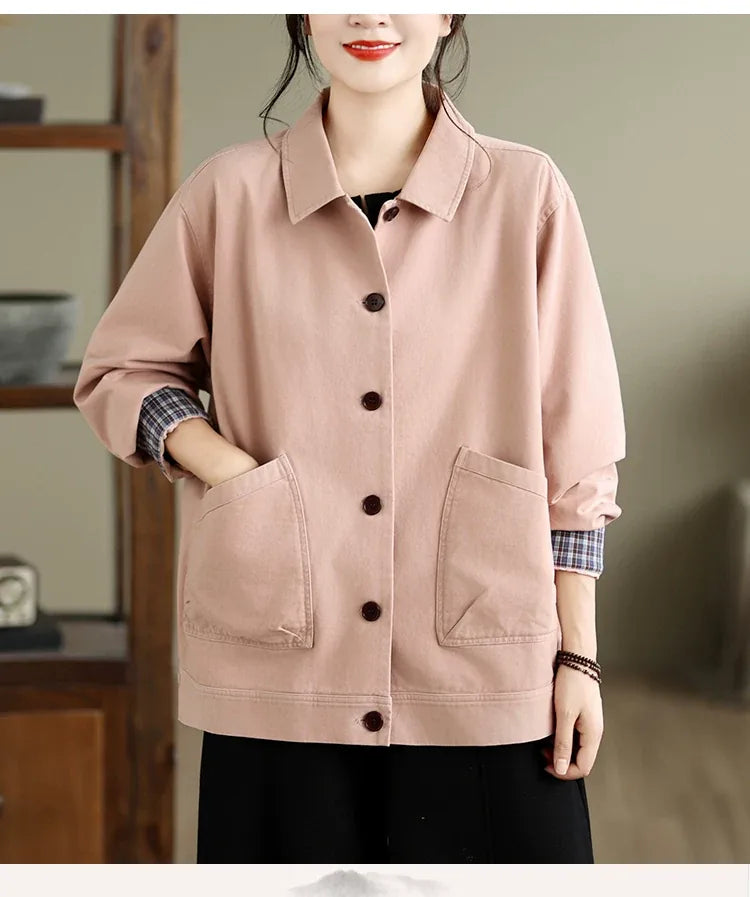 Retro Cotton Shirt Collar Jacket with Patch Pockets