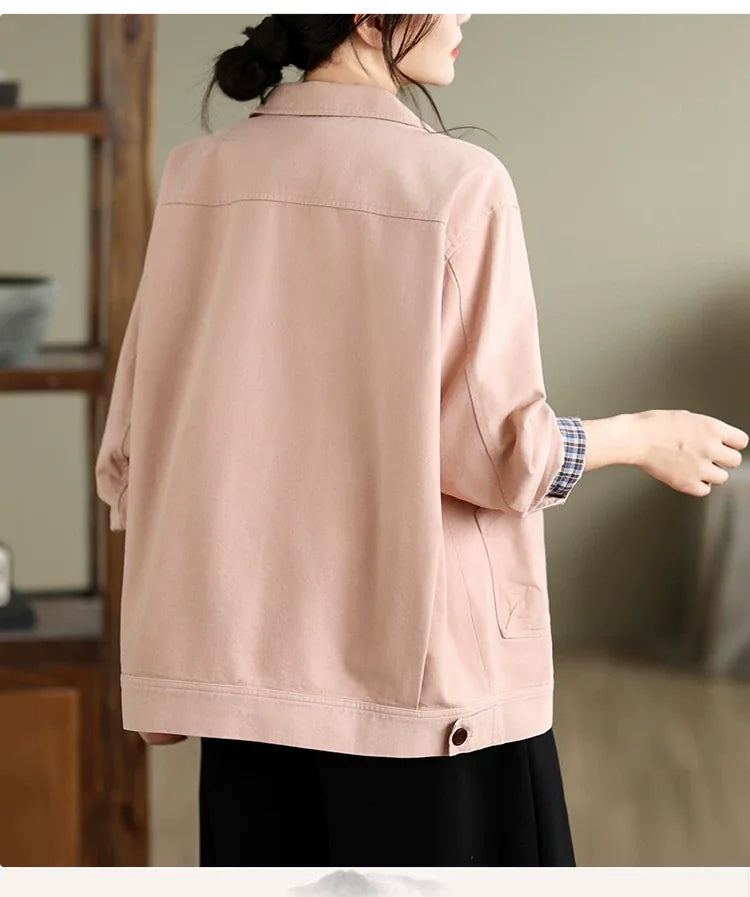 Retro Cotton Shirt Collar Jacket with Patch Pockets