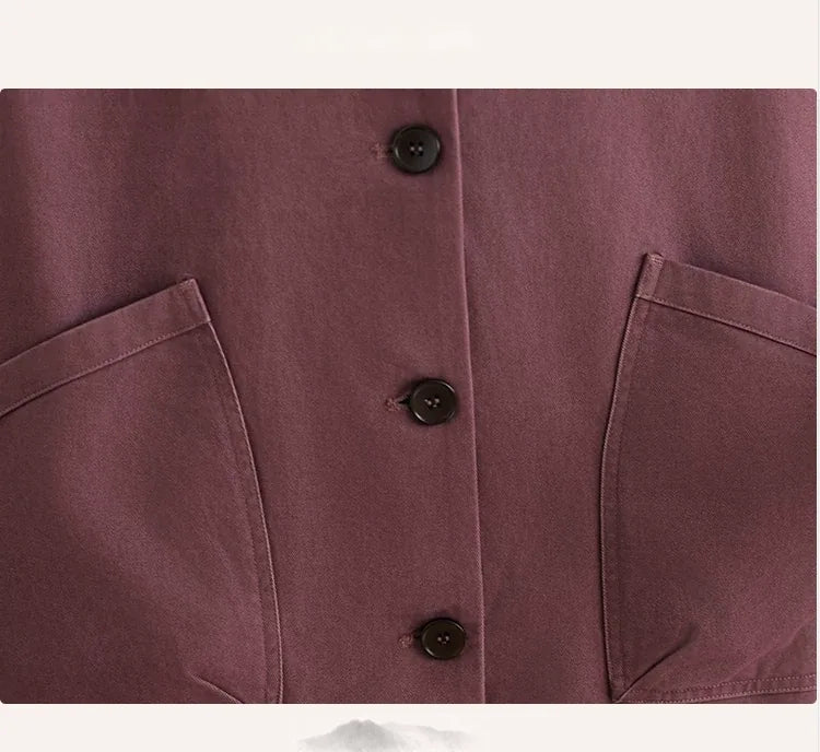 Retro Cotton Shirt Collar Jacket with Patch Pockets
