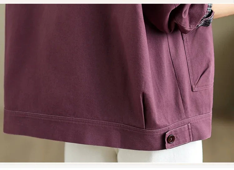 Retro Cotton Shirt Collar Jacket with Patch Pockets