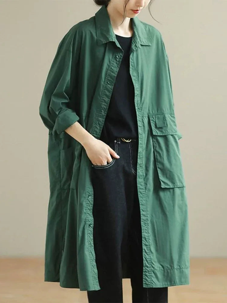 Retro Cotton Shirt Collar Midi Coat with Patch Pockets