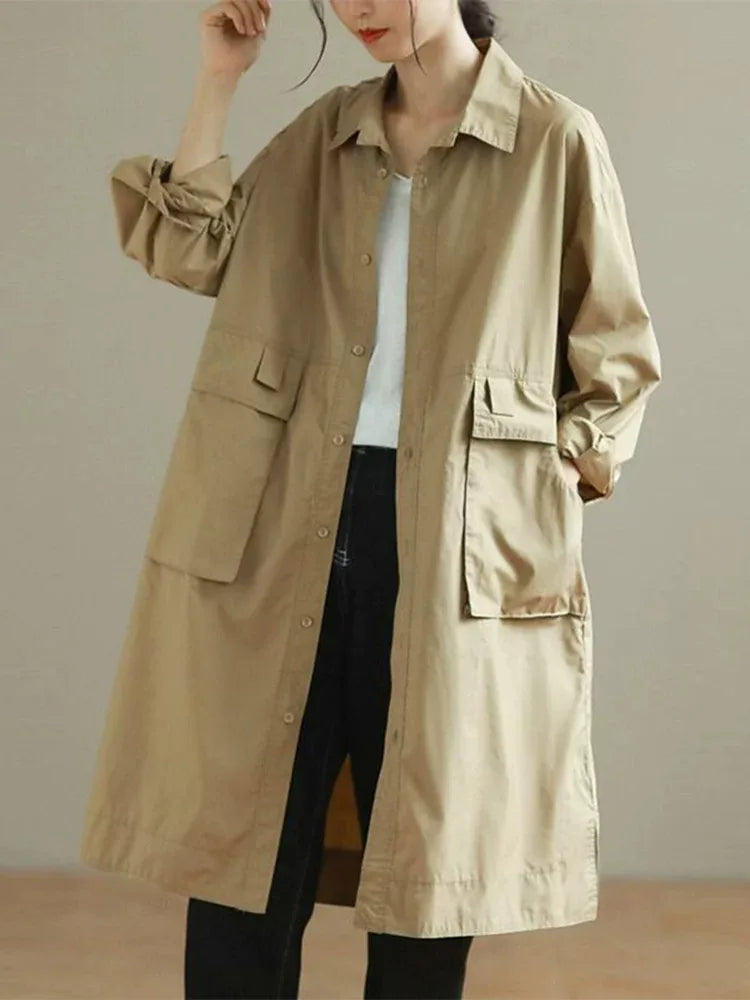 Retro Cotton Shirt Collar Midi Coat with Patch Pockets