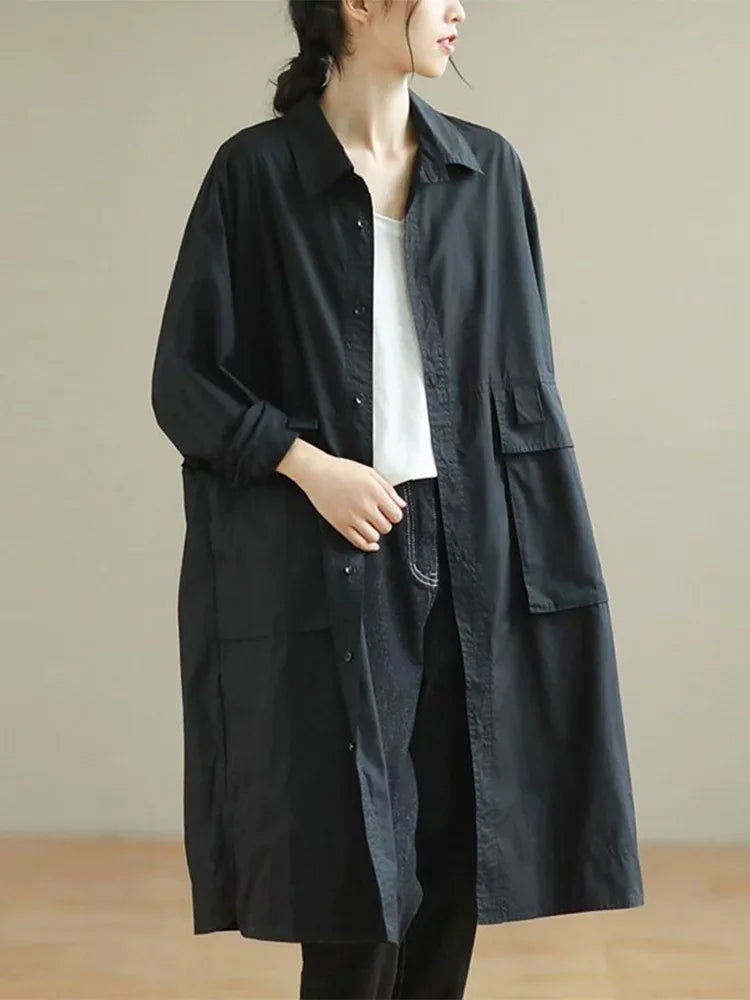 Retro Cotton Shirt Collar Midi Coat with Patch Pockets