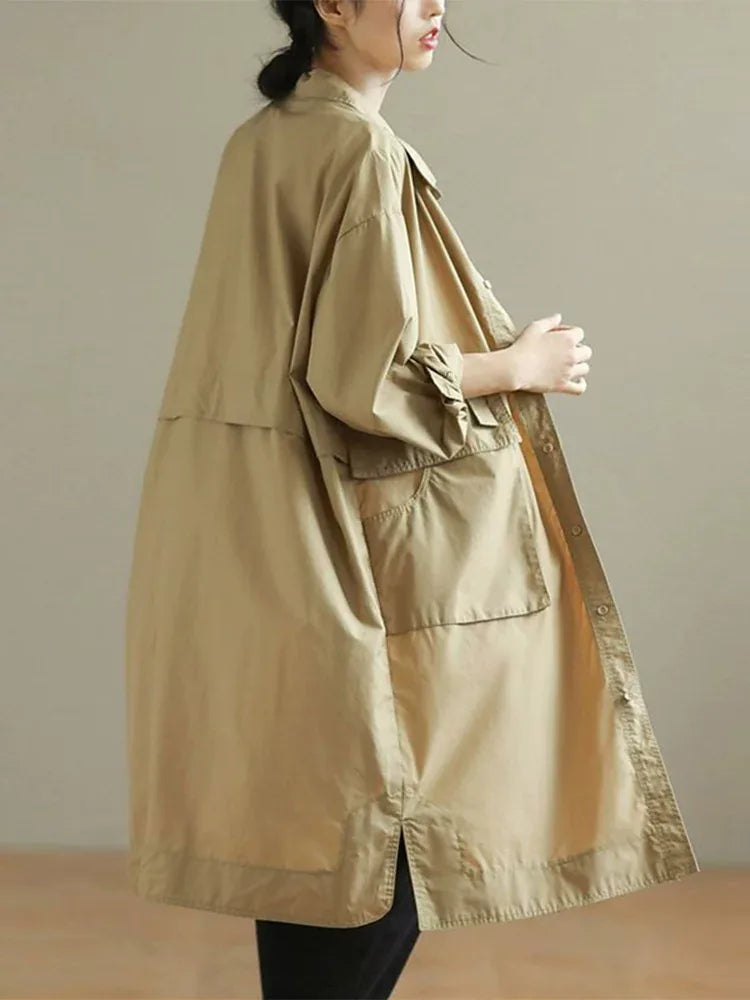 Retro Cotton Shirt Collar Midi Coat with Patch Pockets