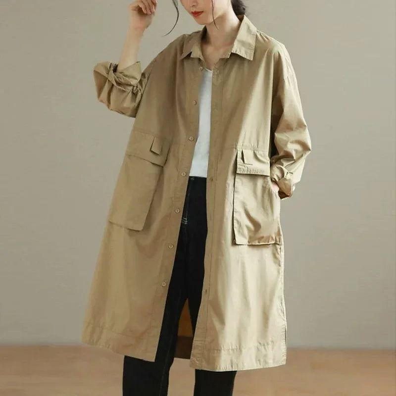 Retro Cotton Shirt Collar Midi Coat with Patch Pockets