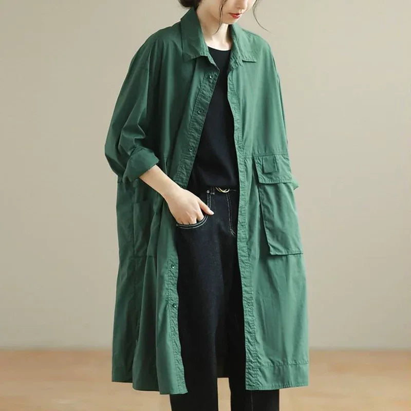 Retro Cotton Shirt Collar Midi Coat with Patch Pockets